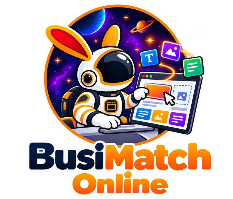 BusiMatch Online-logo: een astronaut-konijn bouwt een website met blokken